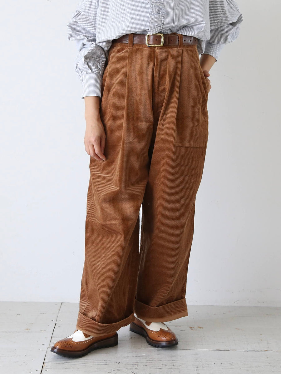 R&D.M.Co- 9W コーデュロイ タックワイドパンツ コットン ブラウン – CREER