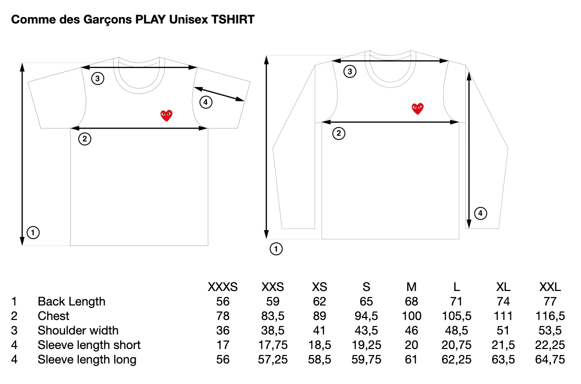 Comme des garcons sales t shirt size guide
