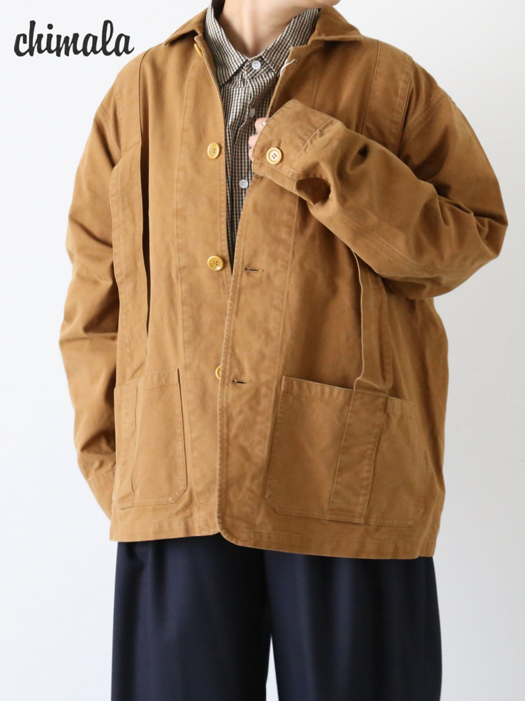 Chimala ノーカラージャケット chimala チマラ ニューヨーク発 日本製 デニム・ワークウェア – タグ