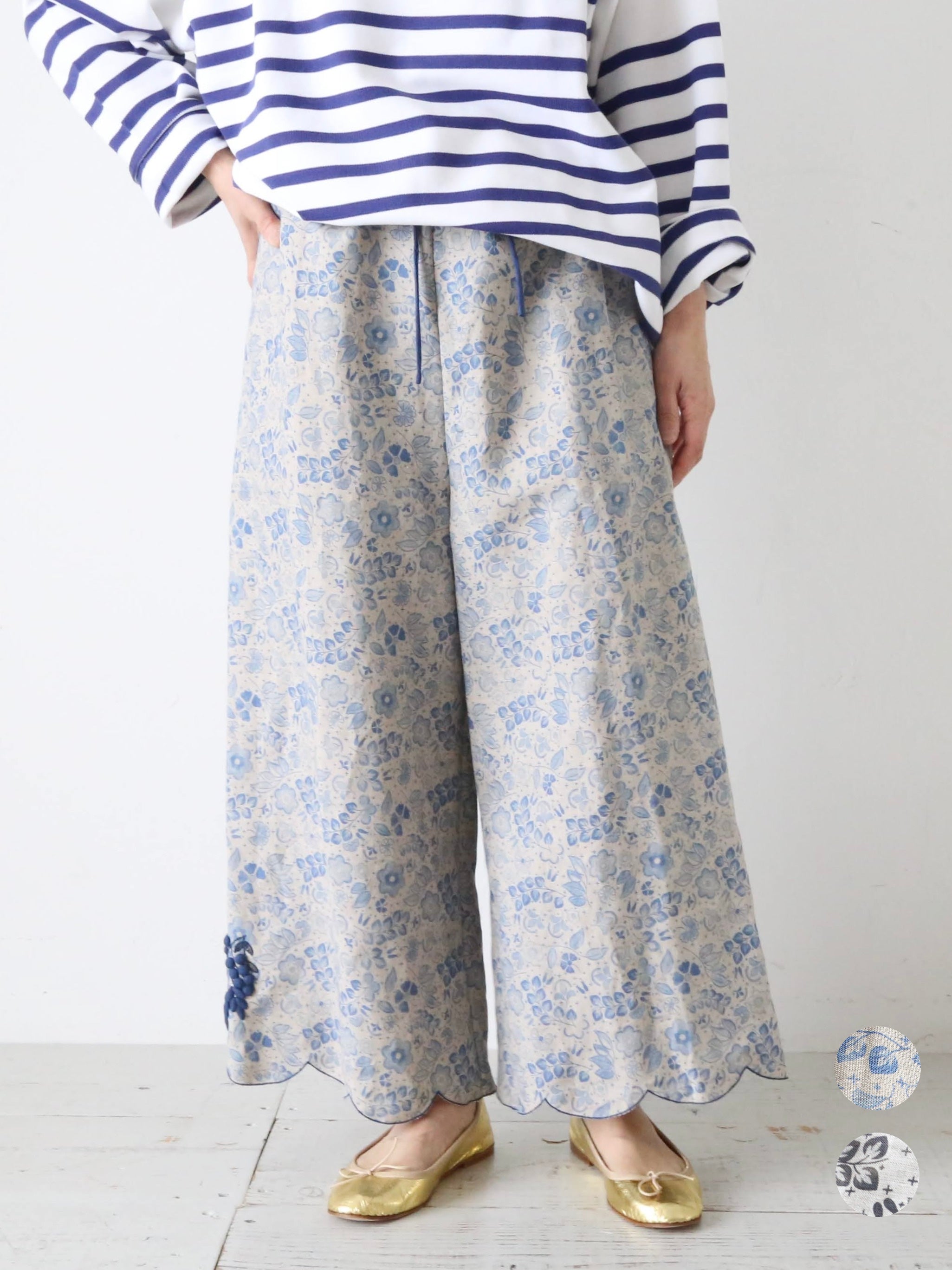 パンツ TOWAVASE Bon Voyage pants TOWAVASE ボンヴォヤージュ パンツ リネン100% ビジュー 植物柄 – CREER